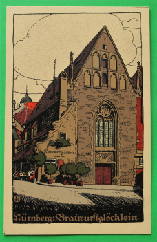 AK Nürnberg / 1910-20 / Litho / Bratwurstglöcklein Wirtschaft Kirche Architektur / Künstler Steinzeichnung Stein-Zeichnung / Monogramm L